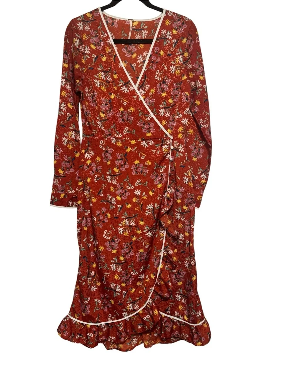 Free People Covent Garden Red Floral Ruffle Midi Wrap Dress - Size 6